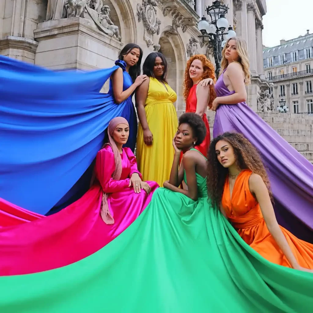 Paris Group Photoshoot with flying dresses, group portrait in bright colorful gowns