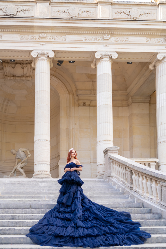 Midnight blue luxury dress in Paris: deeper cool blue for Summer palette