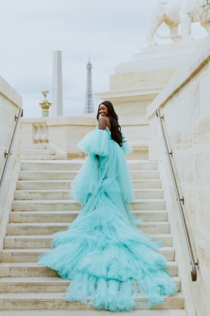 Tiffany blue luxury dress in Paris: cool blue tone for Summer palette