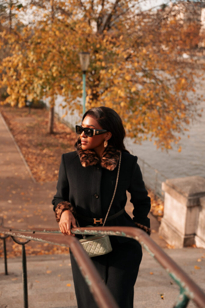 Autumn portrait in Paris on the Seine riverbanks, warm light and golden leaves