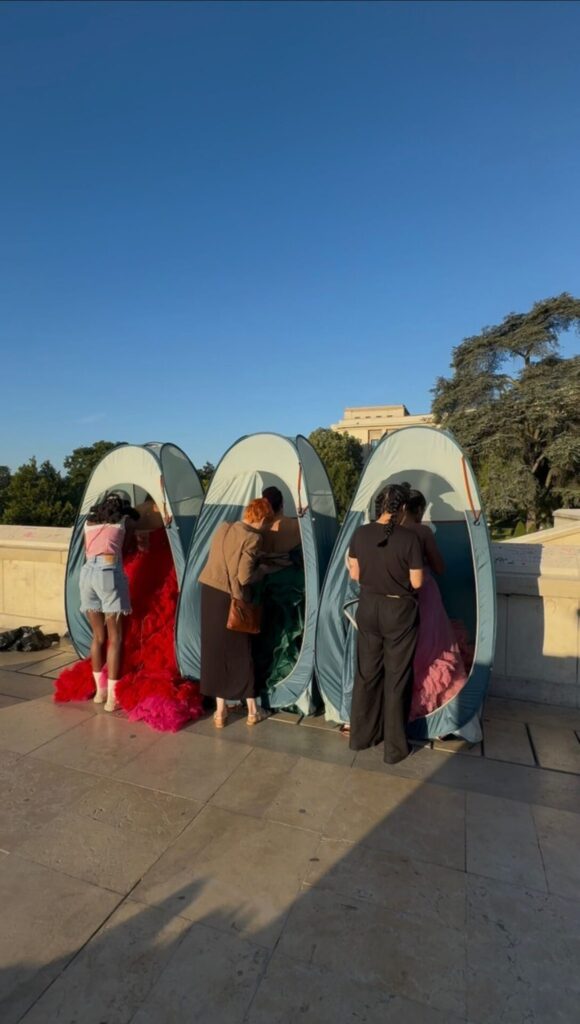 Paris Group Photoshoot logistics, pop-up changing cabins used for outfit changes on location