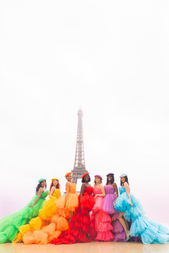 Bachelorette Photoshoot Paris at Trocadéro with rainbow dress lineup and Eiffel Tower backdrop