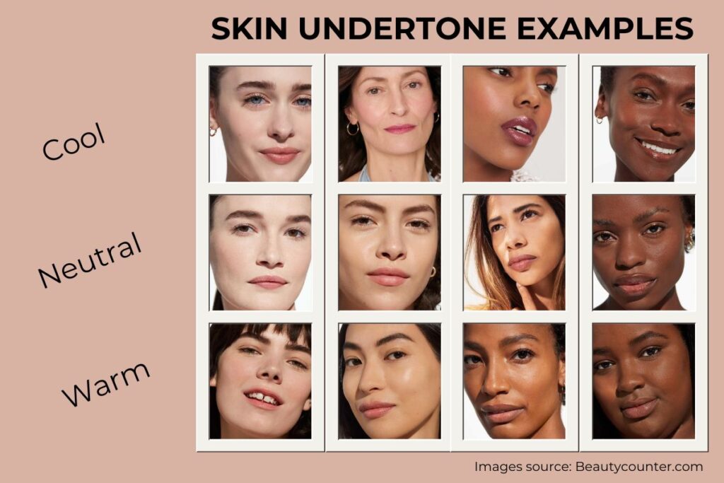 Skin undertone examples: cool, neutral and warm undertones on different skin tones