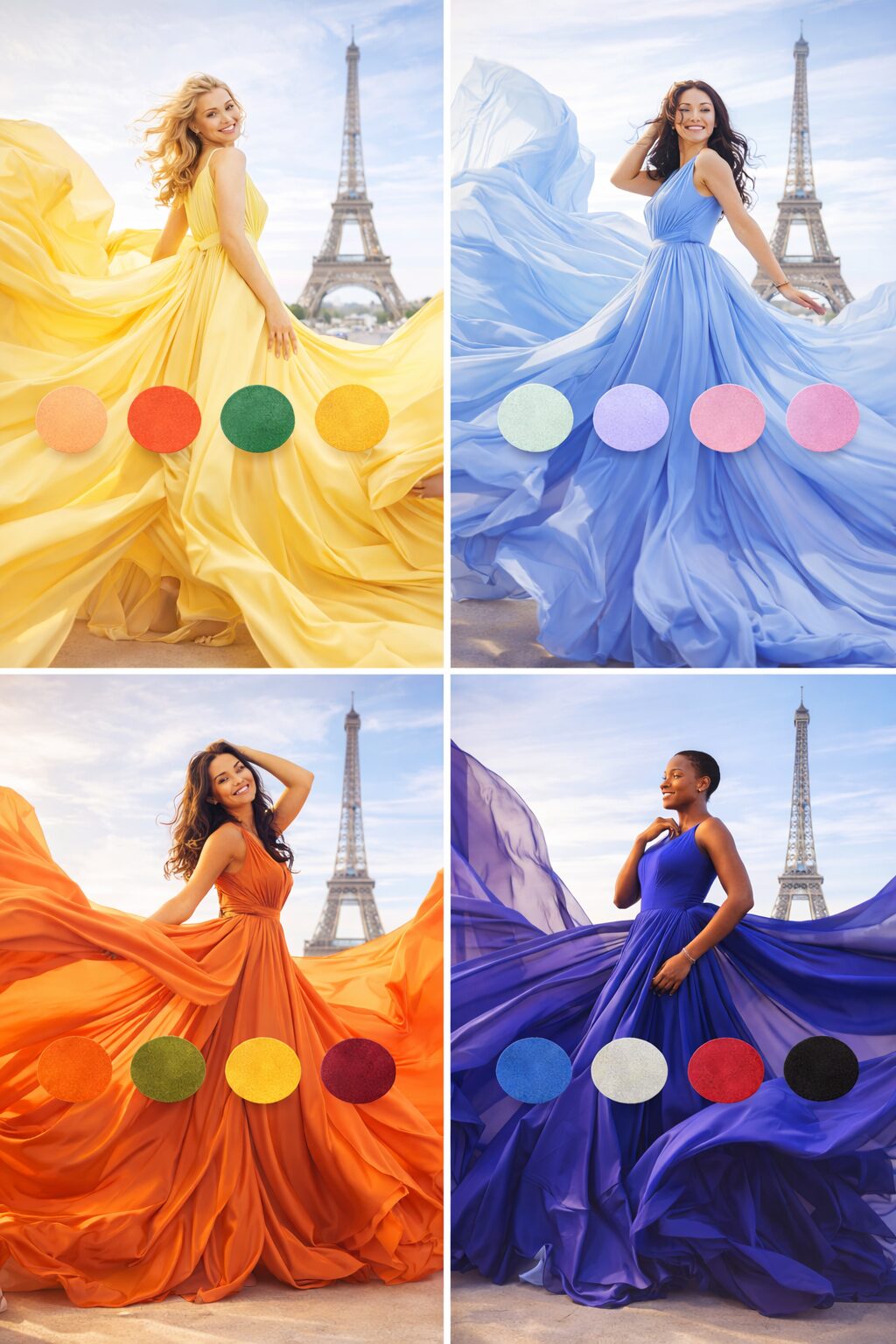Dress color guide for skin tone in Paris: Spring, Summer, Autumn and Winter palettes